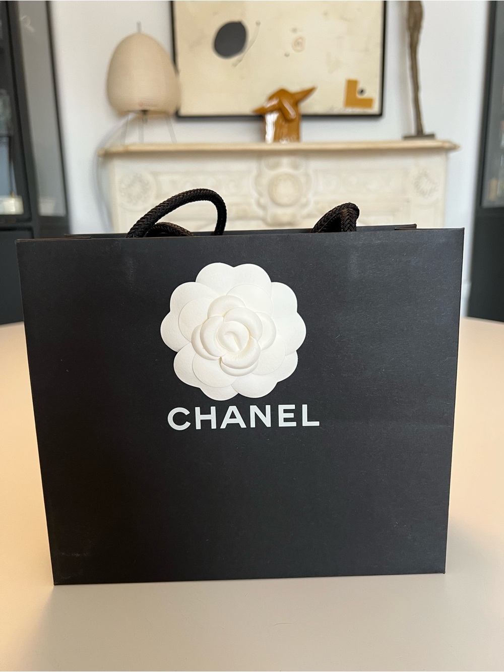 CHANEL Black Gift Bag with White Camellia